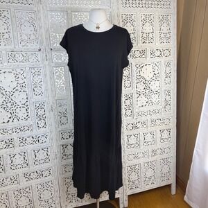 Eileen Fisher Black Midi Dress Sz Medium Peplum Lagenlook Beachy Coastal Tencel